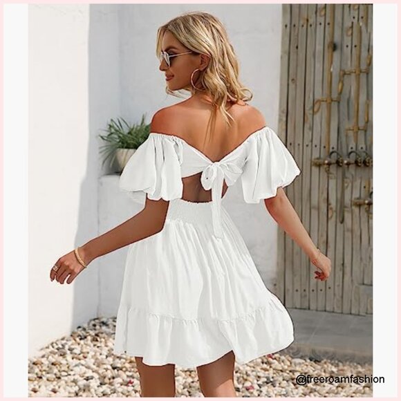 Summer Mini Dress with Square Neck and Tie Back, Off Shoulder Lantern Sleeves - Picture 3 of 7